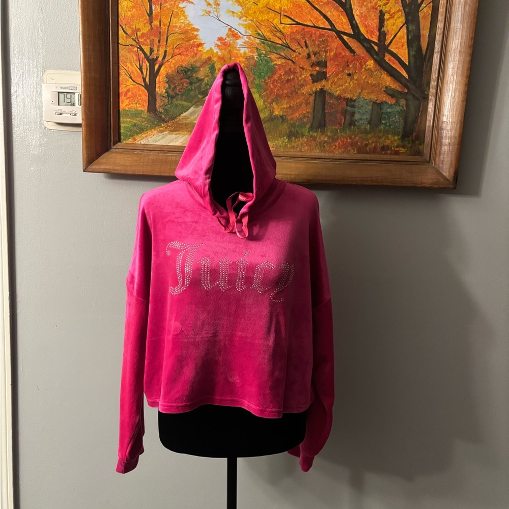 Juicy‎ Couture Women’s Pink Velour Rhinestone Cropped Sleepwear Hoodie Sz Large